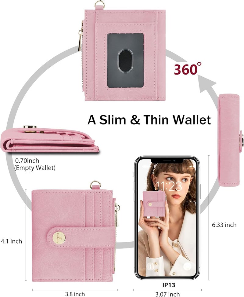 Sunpour Small Wristlet Wallets for Women Keychain Wristlet Wallet RFID Blocking Key Chain Wallet With Zipper Coin Pocket,2 Id Window(Pink) - Image 3